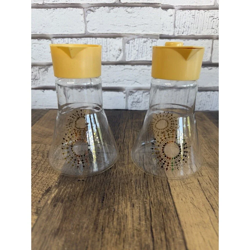 2 Pyrex Atomic Sunburst Dressing Dispenser Condiment Syrup Glass Plastic Lids
